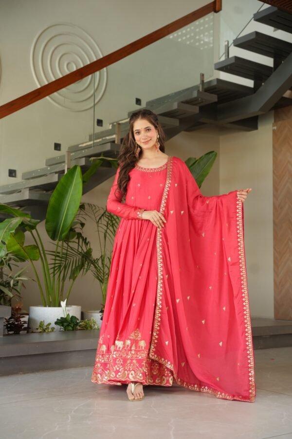 Premium Chinnon Embroidered Zari Sequin Gown with Designer Dupatta - Image 6