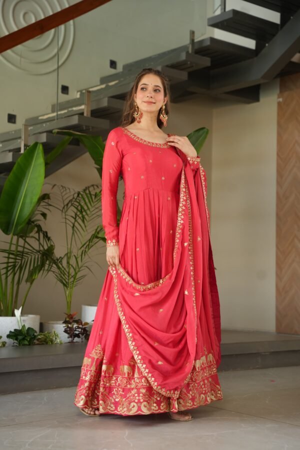 Premium Chinnon Embroidered Zari Sequin Gown with Designer Dupatta - Image 7