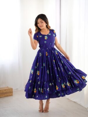 Indigo Majestic Floral Frill Kurti One-Piece