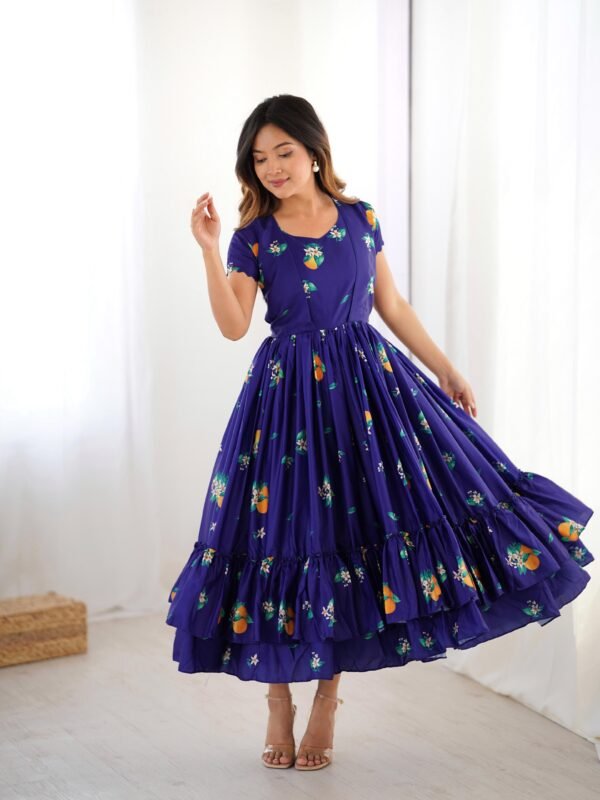 Indigo Majestic Floral Frill Kurti One-Piece