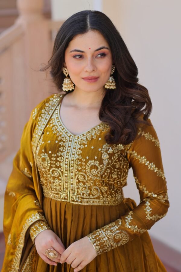 Mehndi  Color Premium Fendy Fabric Readymade Gown with Embroidered Dupatta - Image 2