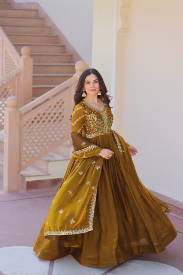 Mehndi  Color Premium Fendy Fabric Readymade Gown with Embroidered Dupatta - Image 3