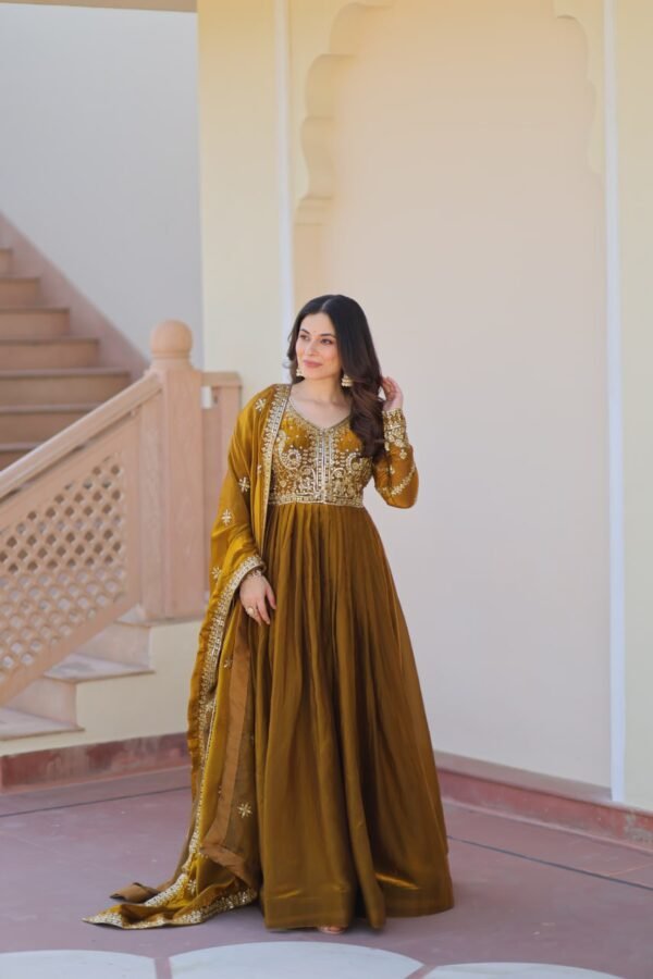 Mehndi  Color Premium Fendy Fabric Readymade Gown with Embroidered Dupatta - Image 5