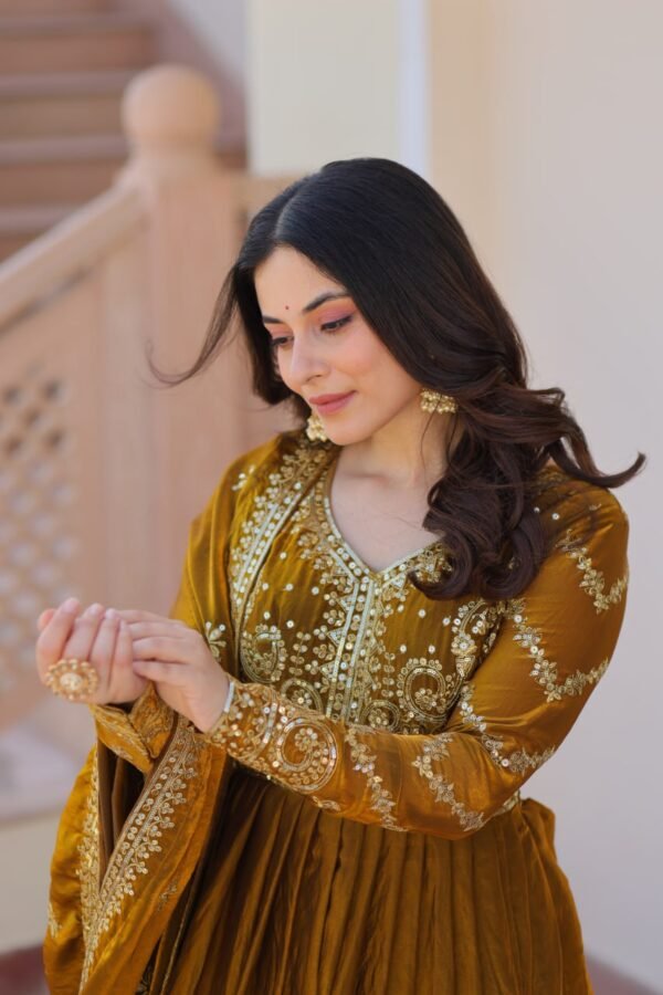 Mehndi  Color Premium Fendy Fabric Readymade Gown with Embroidered Dupatta - Image 4