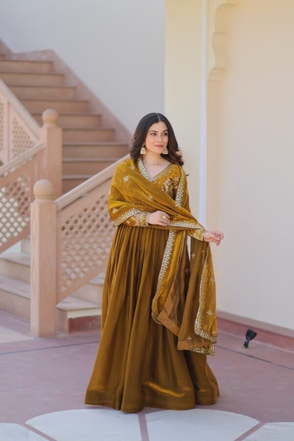 Mehndi  Color Premium Fendy Fabric Readymade Gown with Embroidered Dupatta - Image 6