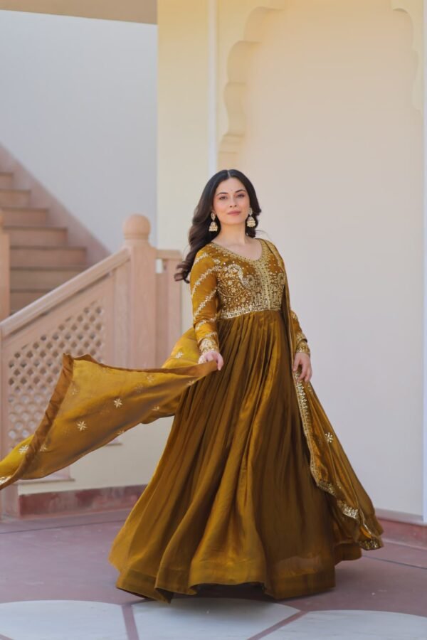 Mehndi  Color Premium Fendy Fabric Readymade Gown with Embroidered Dupatta - Image 8