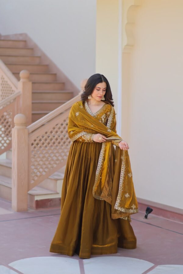 Mehndi  Color Premium Fendy Fabric Readymade Gown with Embroidered Dupatta - Image 7