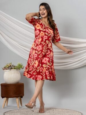 Pure Cotton Knee-Length Ruffled Dress – Floral Elegance & Everyday Comfort