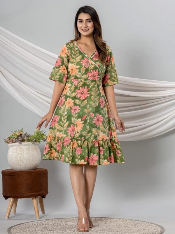 Pure Cotton Knee-Length Ruffled Dress – Floral Elegance & Everyday Comfort - Image 3